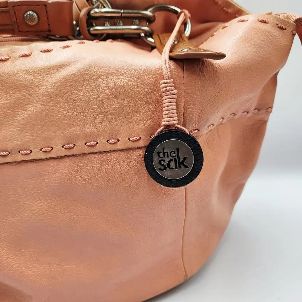 The Sak Pink Coral Salmon Leather Slouch Silhouette Hobo Handbag Stitched Detail